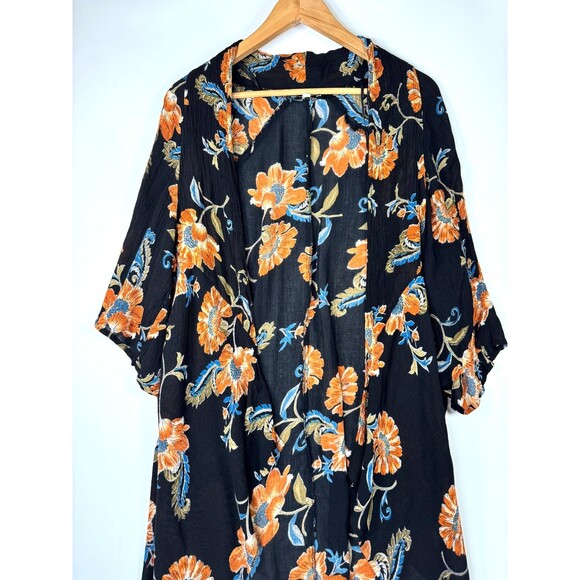 Patrons of Peace Kimono Cardigan Duster Medium Black Floral Boho Lightweight - Picture 2 of 13